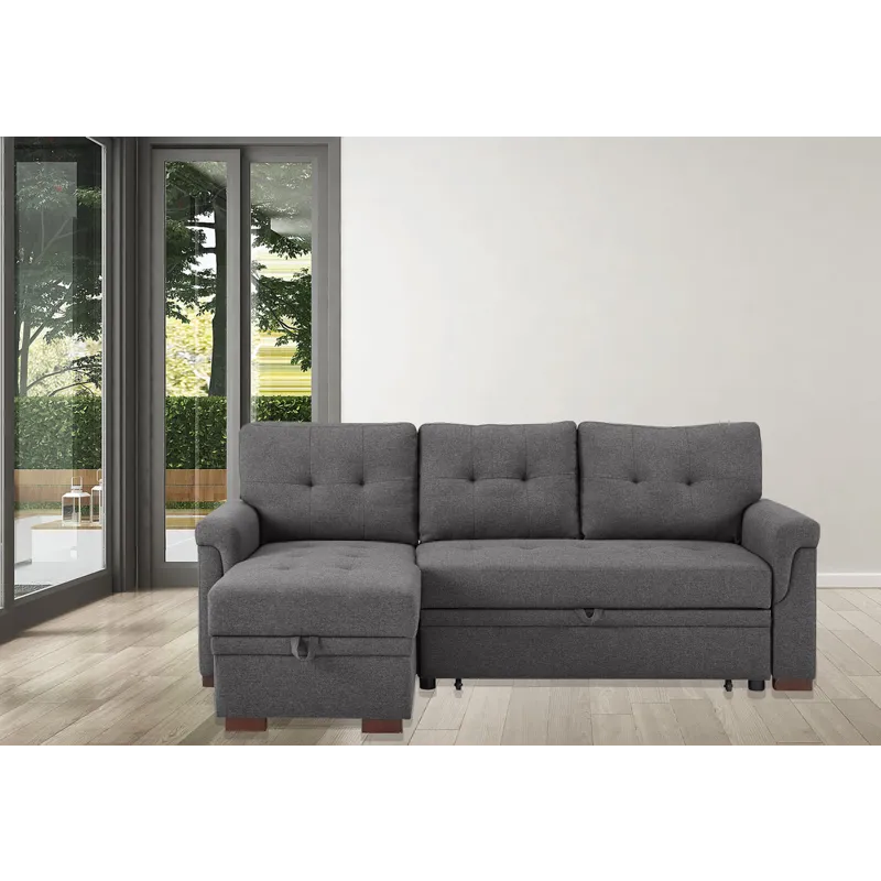 Destiny - Linen Reversible Sleeper Sectional Sofa With Storage Chaise - Dark Gray