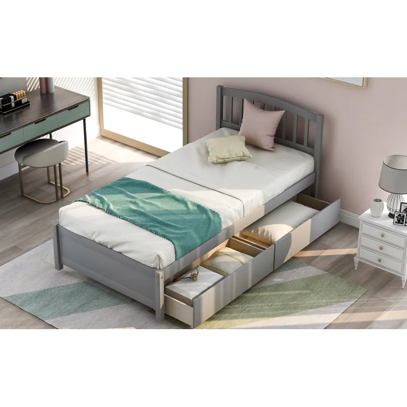 Twin Platform Storage Bed Wood Bed Frame With Two Drawers And Headboard - Gray
