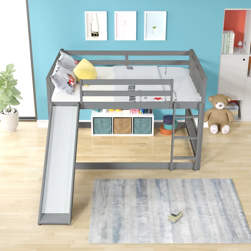 Full Over Full Bunk Bed With Slide And Ladder - Gray
