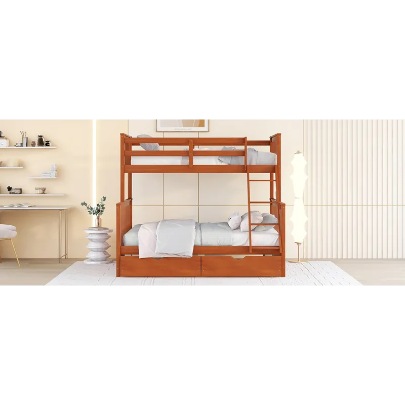 Twin Over Full Bunk Bed With Ladders And Two Storage Drawers - Walnut