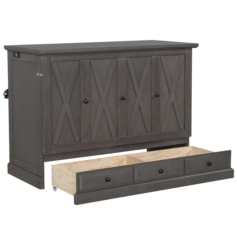 Full Solid Pine Murphy Bed Chest Cube Cabinet Bed With Charging Station And Large Storage Drawer For