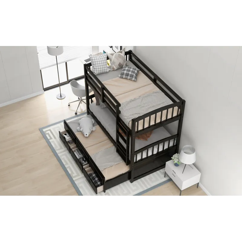 Twin Over Twin Wood Bunk Bed With Trundle And Drawers - Espresso