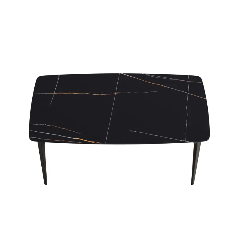 63\" Artificial Stone Black Curved Black Metal Leg Dining Table, 6 People - Black