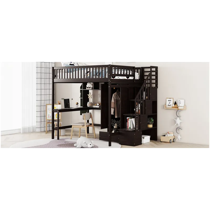 Full Size Loft Bed With Bookshelf, Drawers, Desk, And Wardrobe - Espresso