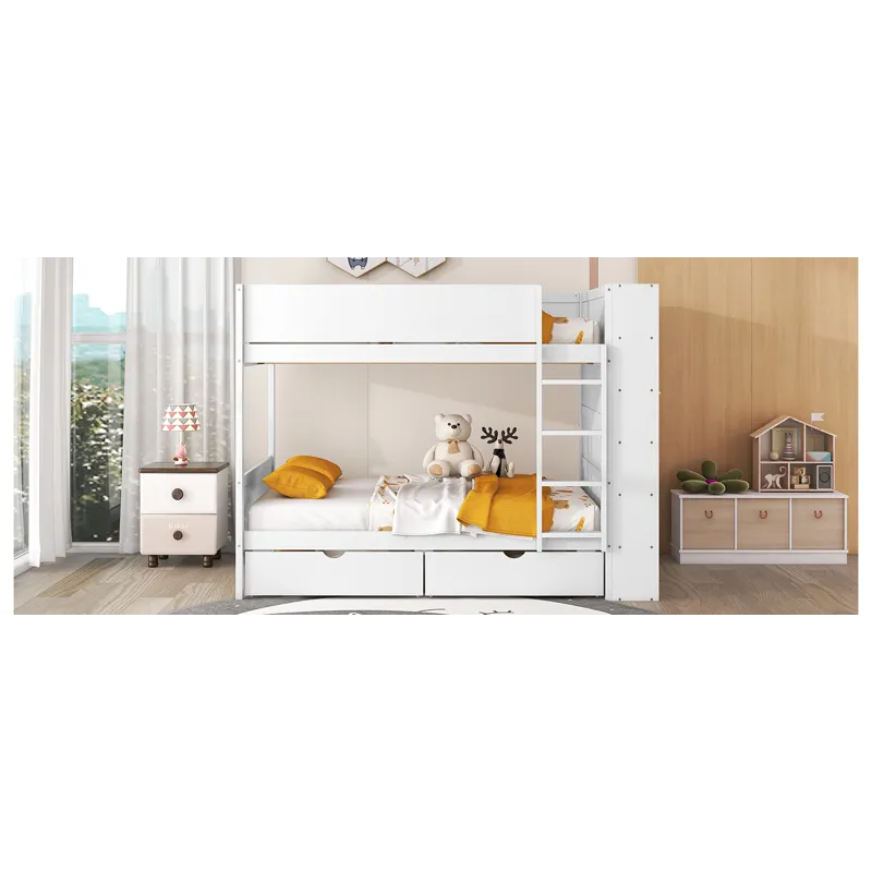 Full Over Full Bunk Bed With 2 Drawers And Multi - Layer Cabinet - White