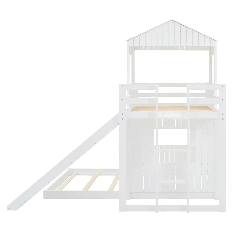 Wooden Twin Over Full Bunk Bed, Loft Bed With Playhouse, Farmhouse, Ladder, Slide And Guardrails - W