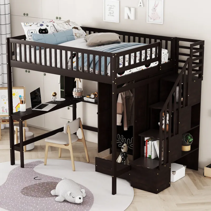 Full Size Loft Bed With Bookshelf, Drawers, Desk, And Wardrobe - Espresso