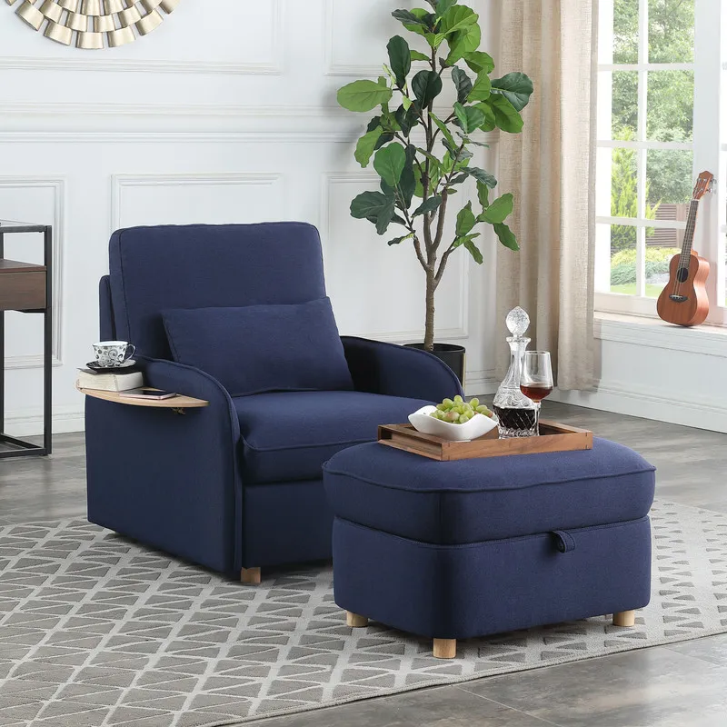 Huckleberry - Linen Accent Chair With Storage Ottoman And Folding Side Table - Blue