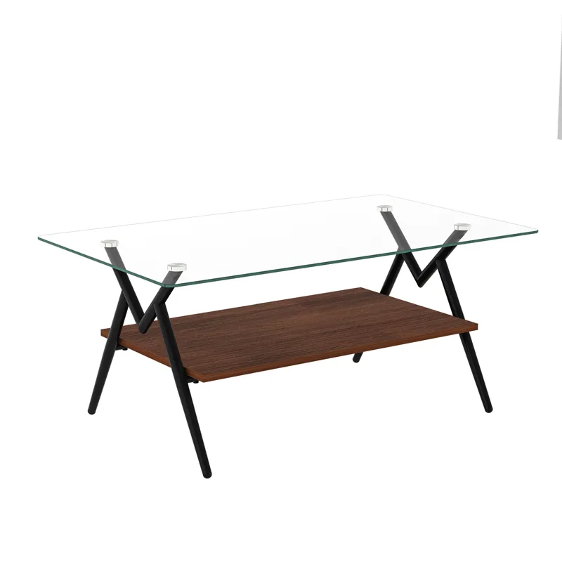 Rectangle Coffee Table With Tempered Glass Top And Metal Legs, Modern Table For Living Room, Transpa
