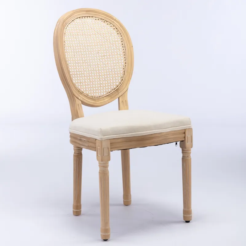 French Style Solid Wood Frame Antique Painting Linen Fabric Rattan Back Dining Chair (Set of 2) - Cr