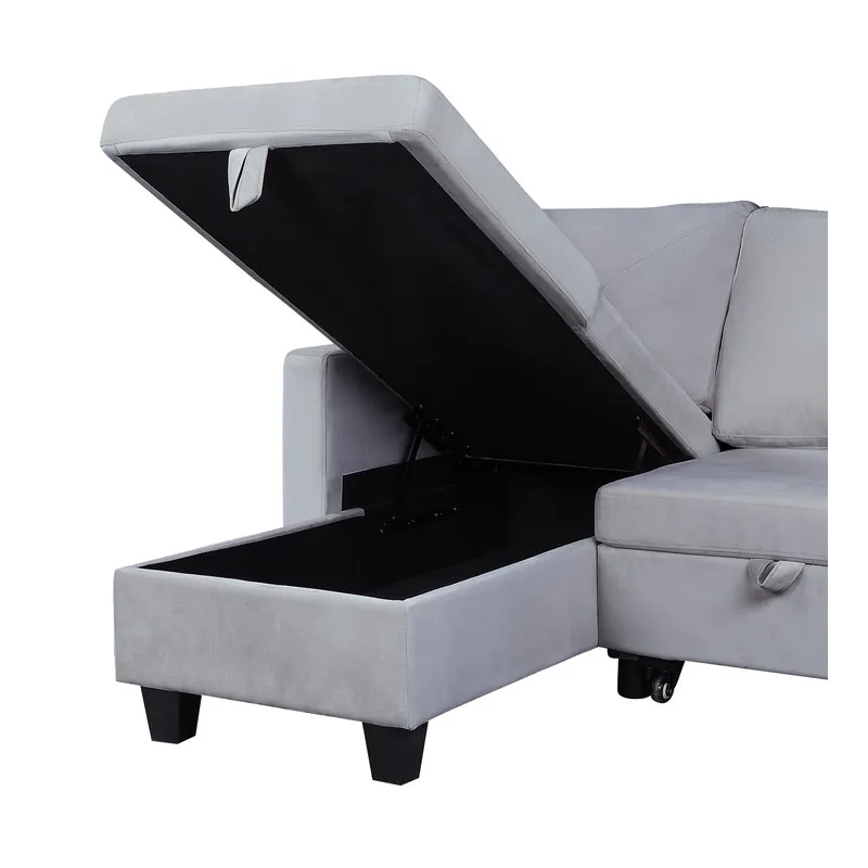 Nova - Velvet Reversible Sleeper Sectional Sofa With Storage Chaise - Light Gray