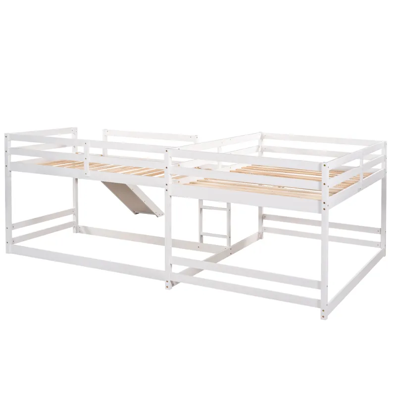 Full And Twin Size L-Shaped Bunk Bed With Slide And Short Ladder - White