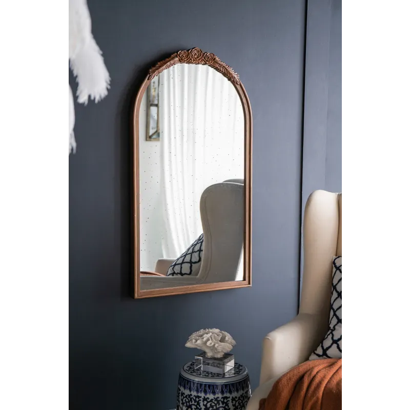 Elos Hand Carved Rose Antique Mirror Frame, Wood Arch Mirror Wall Decor For Living Room, Bathroom, E