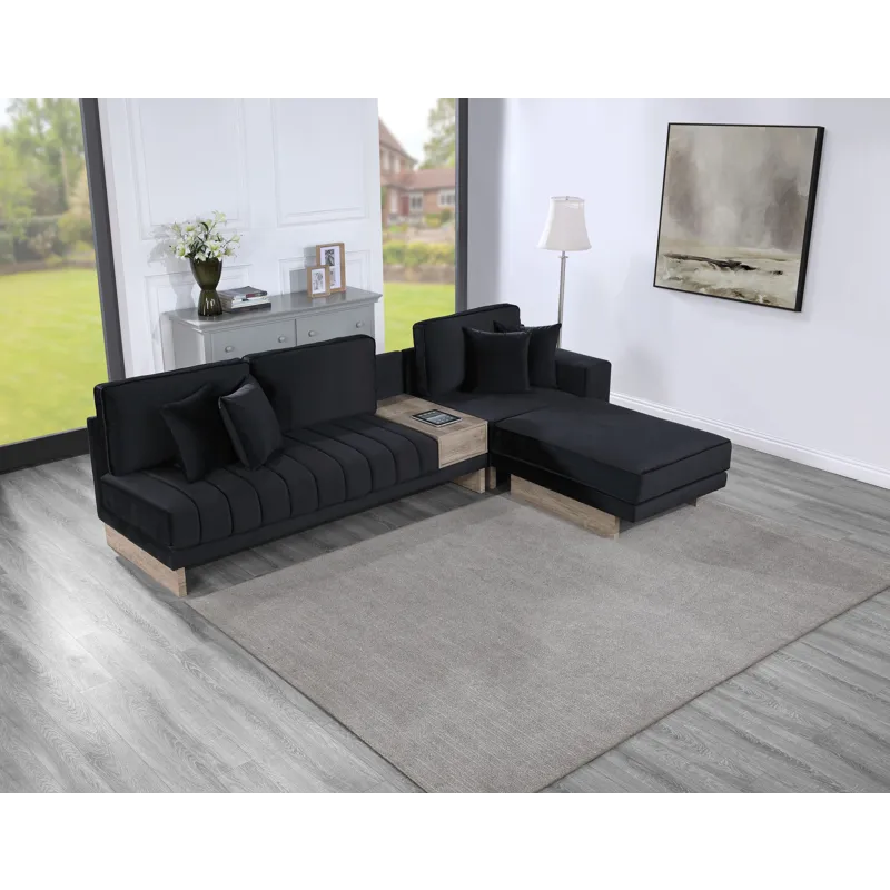 Memphis - 122.5\"W Black Velvet Reversible Sectional Sofa Ottoman With Storage Compartment, Drawer, 