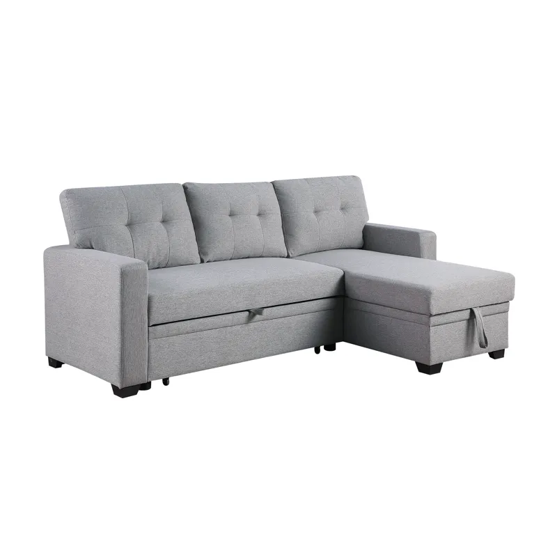 Upholstered Pull Out Sectional Sofa With Chaise - Light Gray