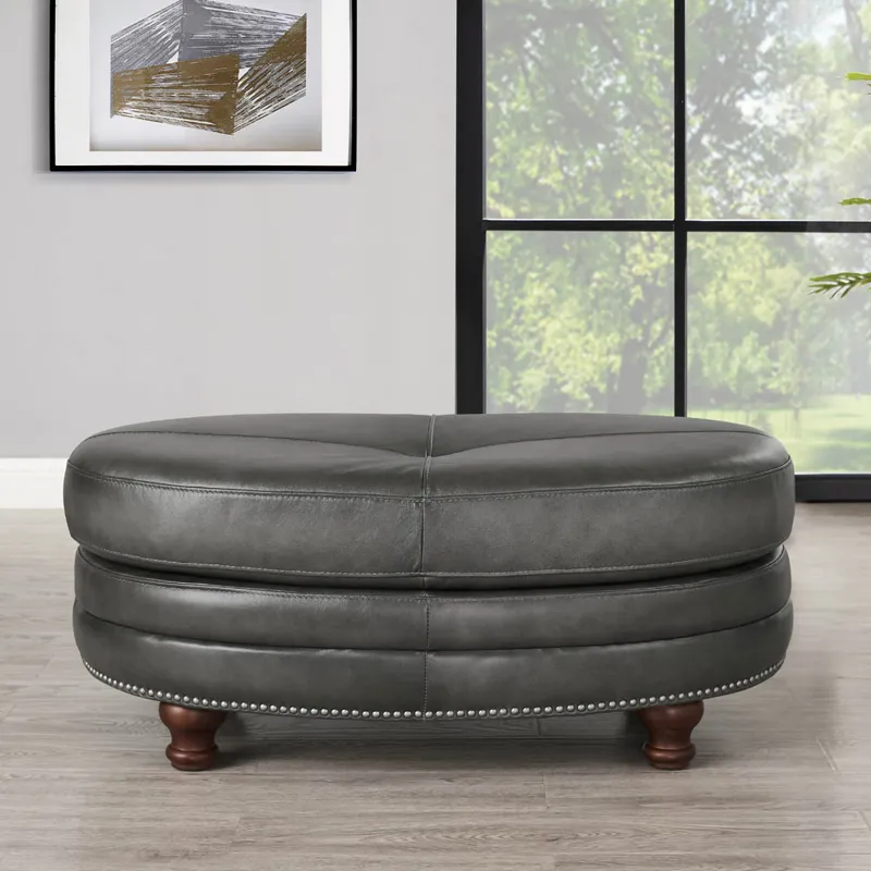 Belfast - Top Grain Leather Oval Ottoman - Gray