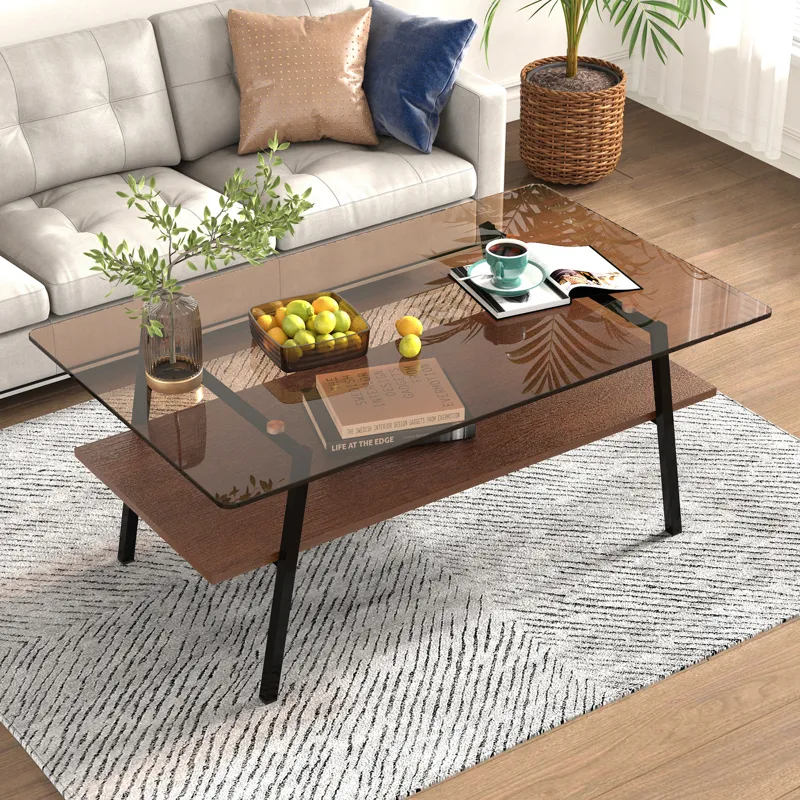 Rectangle Coffee Table, Tempered Glass Tabletop With Metal Legs, Modern Table For Living Room - Brow