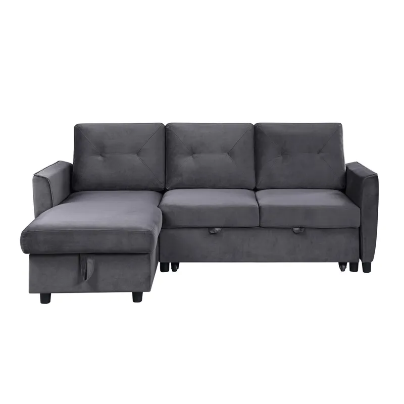 Hudson - Velvet Reversible Sleeper Sectional Sofa With Storage Chaise - Dark Gray