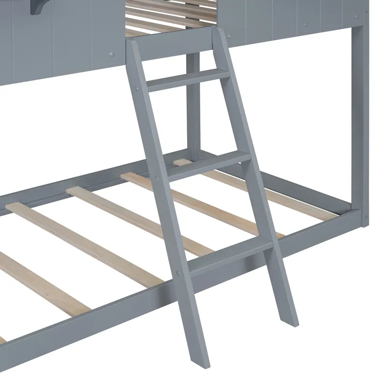 78\" Twin Over Twin Bunk Bed Wood Bed With Roof, Window, Guardrail, Ladder - Gray
