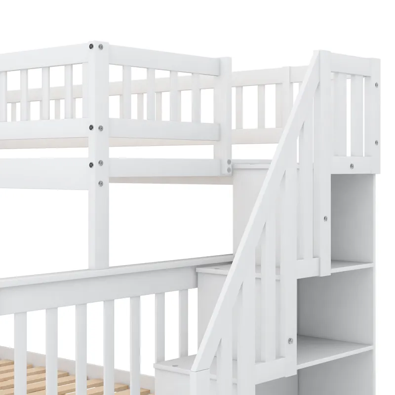 Twin Over Full Bunk Bed With Trundle And Staircase - White