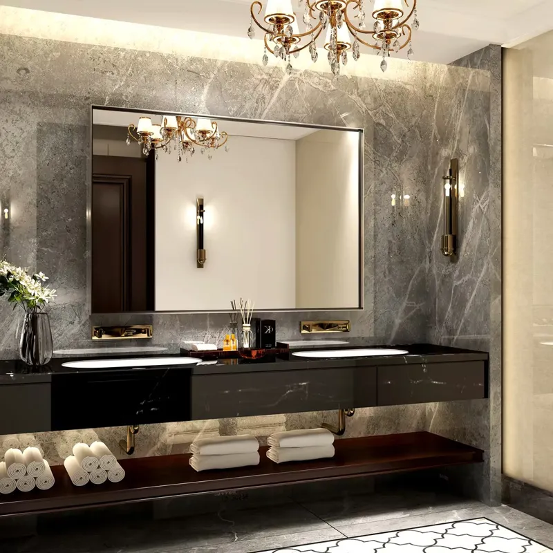 40X30\" Silver Rectangular Wall-Mounted Beveled Bathroom Mirror, Square Angle Metal Frame Wall Mount