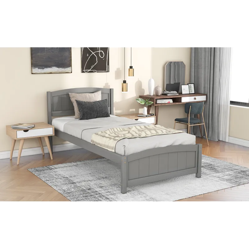 Twin Platform Bed With Headboard, Footboard And Wood Slat Support - Gray