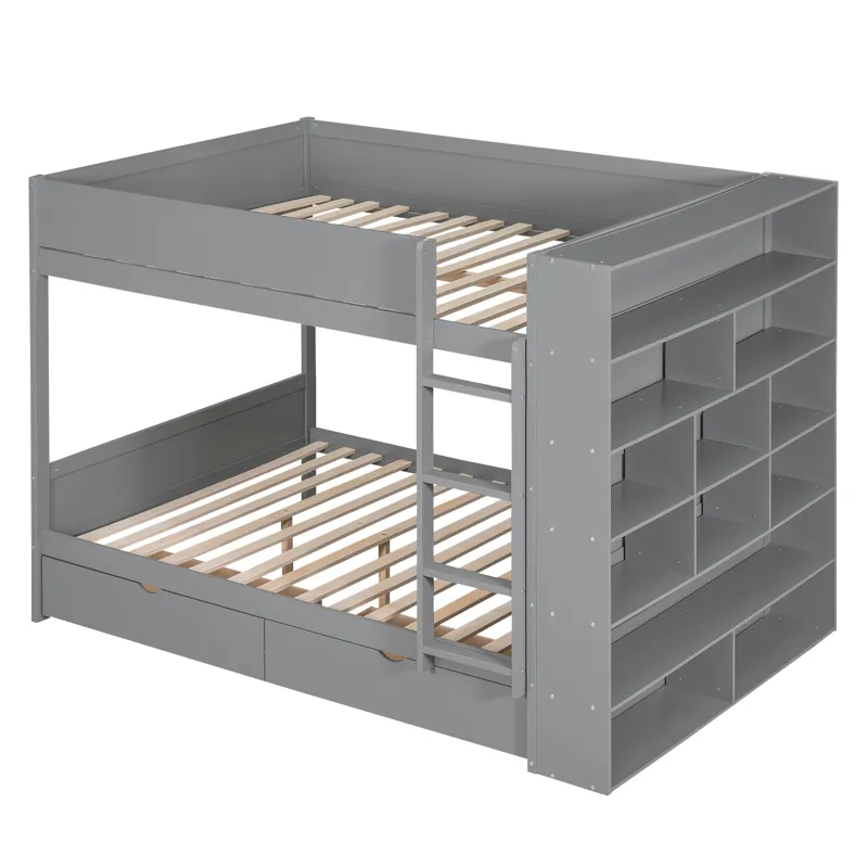 Full Over Full Bunk Bed With 2 Drawers And Multi - Layer Cabinet - Gray