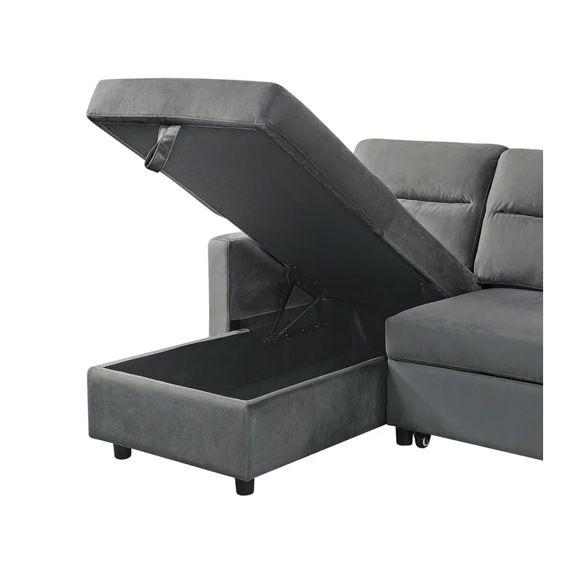 Ivy - Velvet Reversible Sleeper Sectional Sofa With Storage Chaise And Side Pocket - Dark Gray