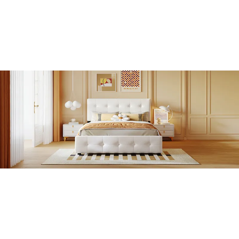 Queen Size Upholstered Platform Bed With Classic Headboard And 4 Drawers, No Box Spring Needed - Whi