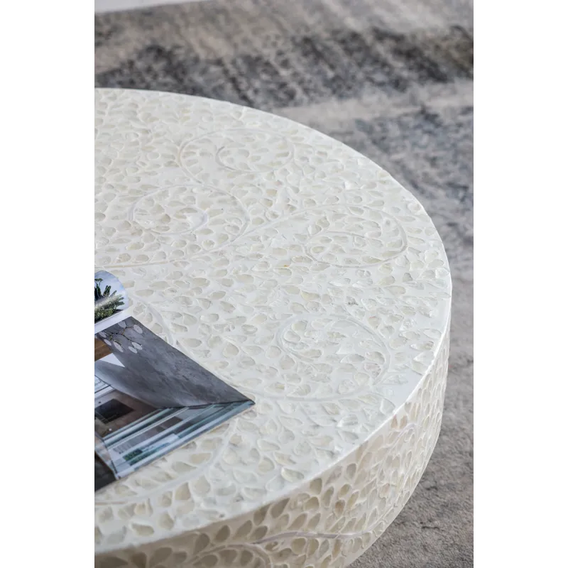 Unique Capiz Coffee Table With Pedestal Base - Cream / Gold