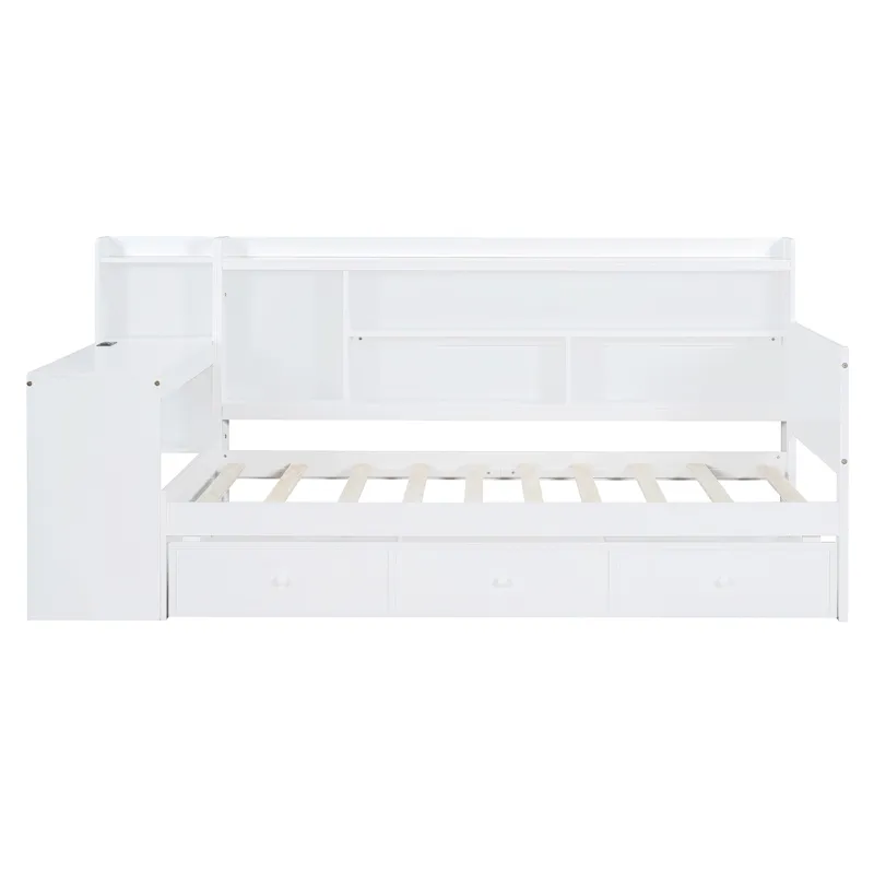 Twin Size Wooden Daybed With 3 Drawers, USB Ports And Desk - White