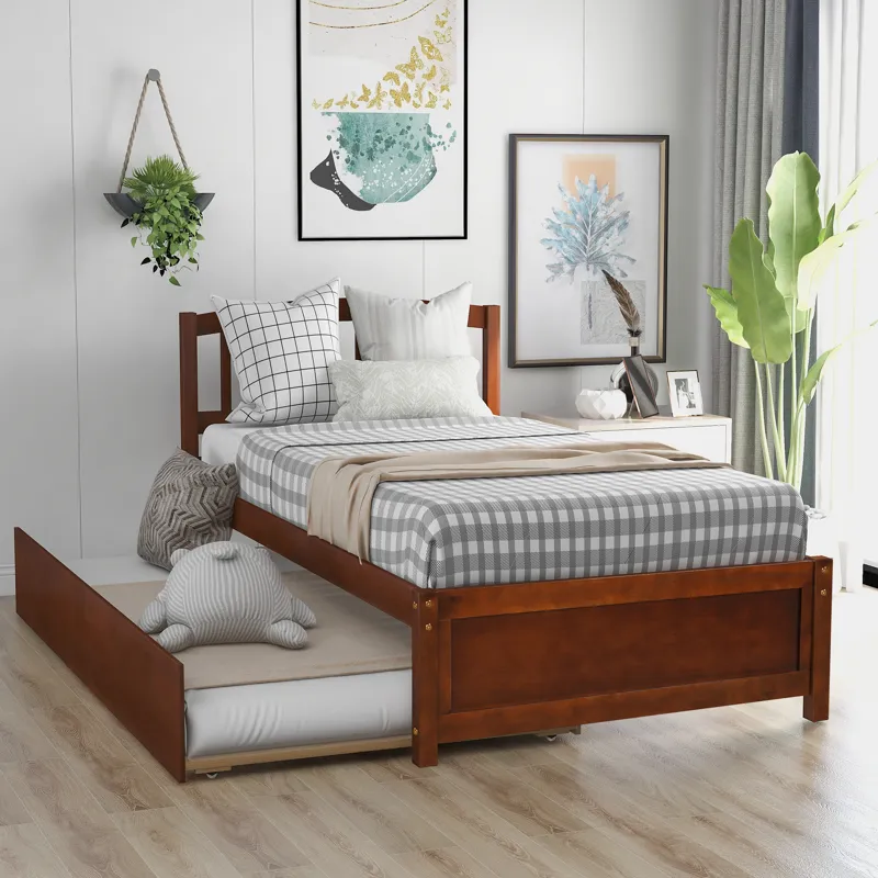 Twin Size Platform Bed Wood Bed Frame With Trundle Walnut