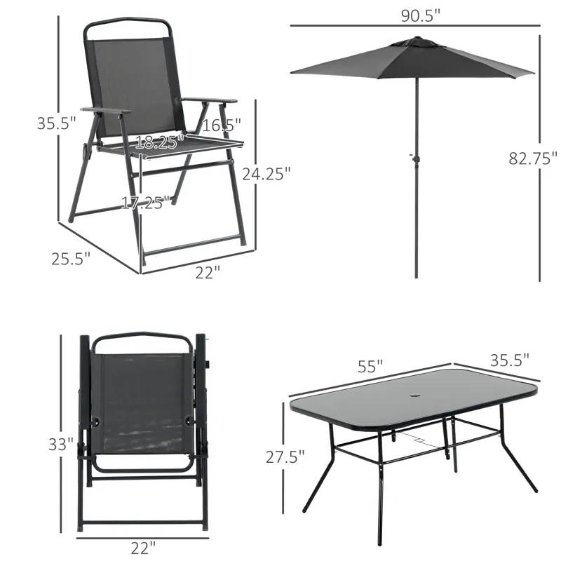 Outsunny - 8 Piece Patio Dining Set With Table Umbrella, 6 Folding Chairs And Rectangle Dining Table