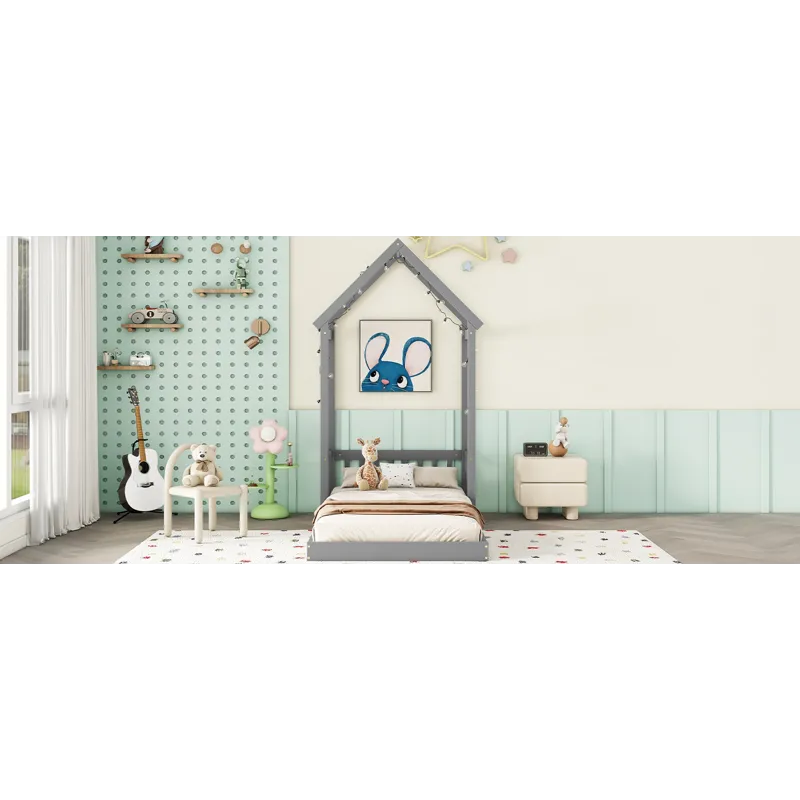 Twin House-Shaped Roof Headboard Floor Bed, (Without Slats) - Gray