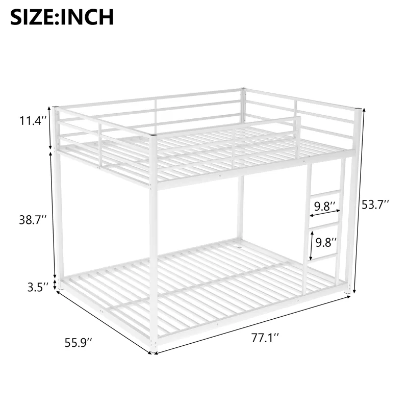 Full Over Full Metal Bunk Bed, Low Bunk Bed With Ladder - White