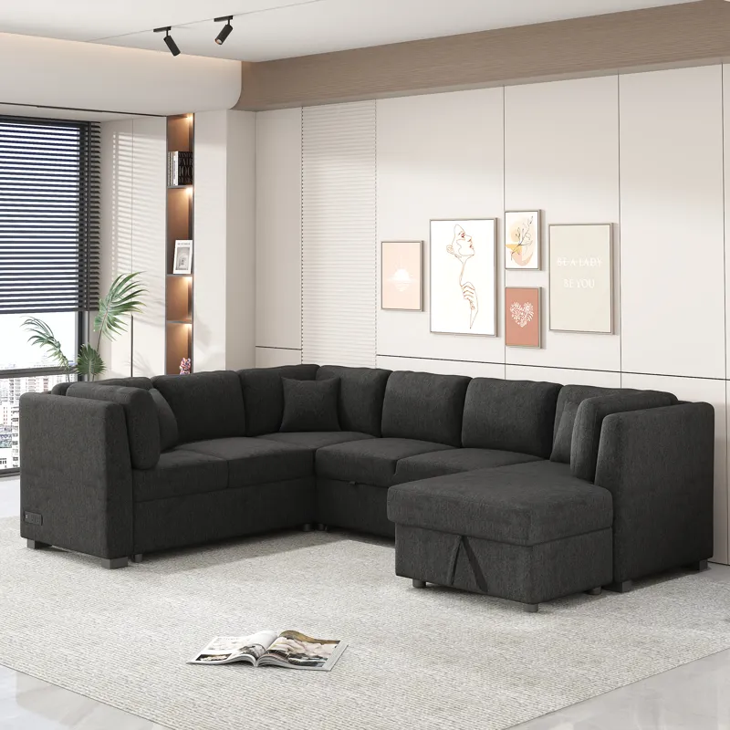 U-Shaped Sectional Sofa Pull Out Sofa Bed With Two USB Ports, Two Power Sockets, Three Back Pillows 