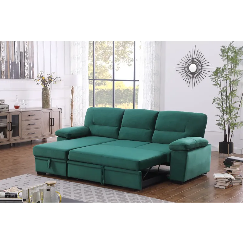 Kipling - Velvet Fabric Reversible Sleeper Sectional Sofa Chaise - Green