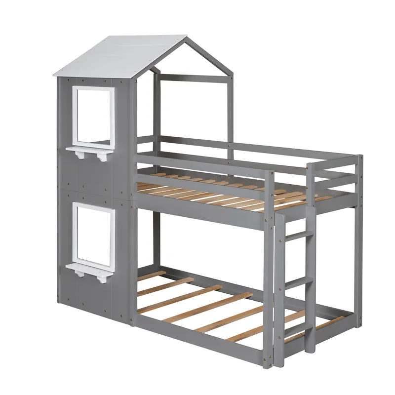 Twin Over Twin Bunk Bed Wood Bed With Roof, Window, Guardrail, Ladder - White