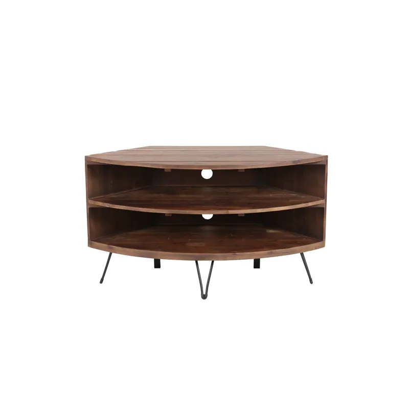 Fan Shape Reclaimed Wood Corner Media Table For Living Room Wise Use Your Space - Natural