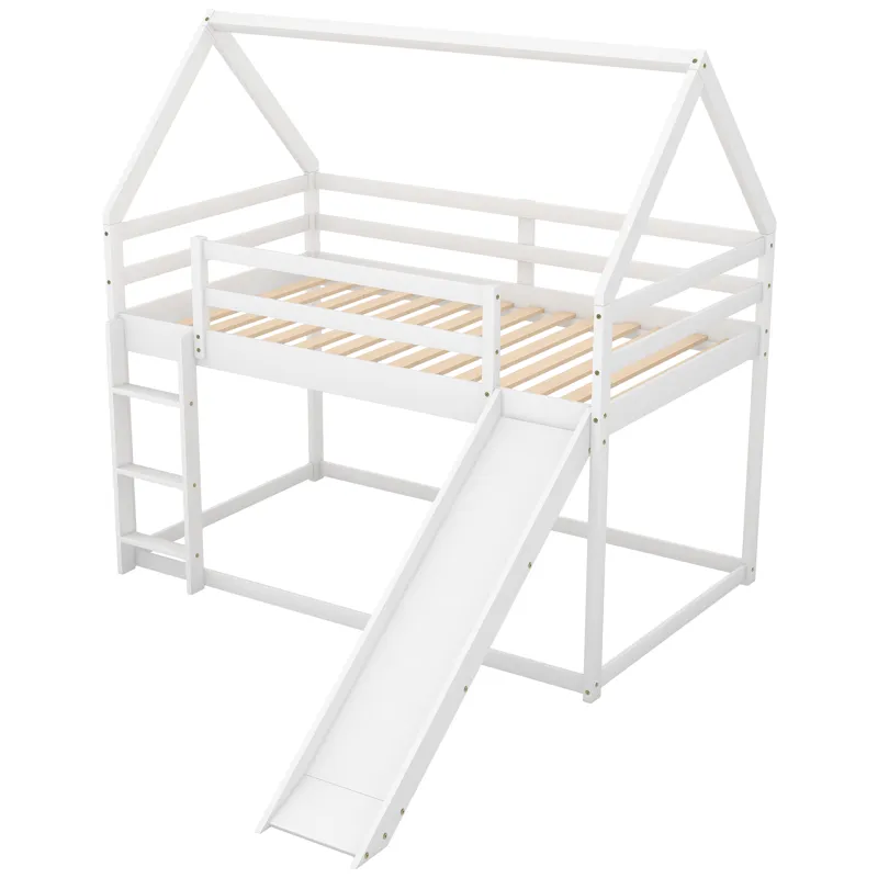 Twin Size Bunk House Bed With Slide And Ladder - White
