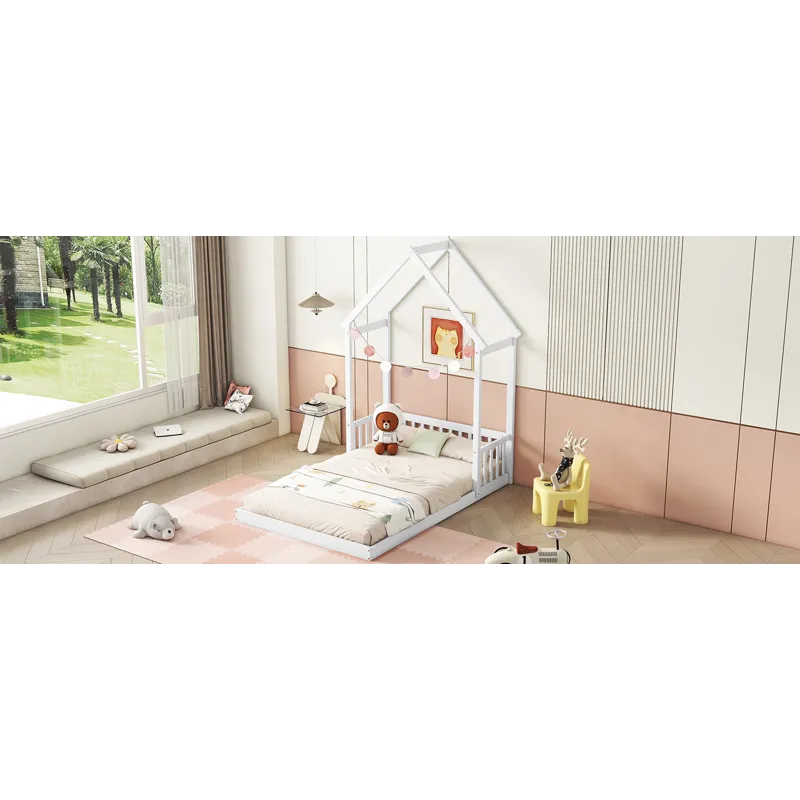 Full Roof-Framed Headboard Floor Bed With Headboard Guardrails - Without Slats White