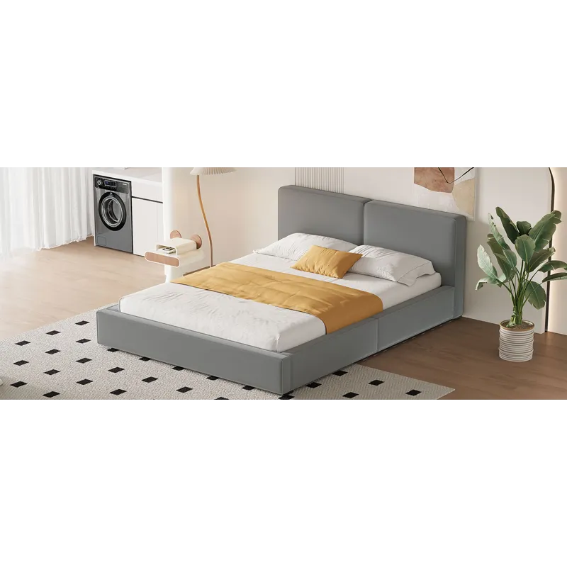Queen Size Upholstered Platform Bed With , Grounded Bed With Solid Frame - Gray