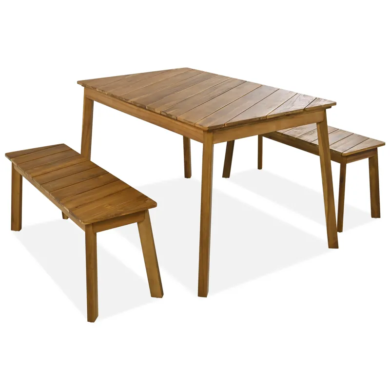 3 Pieces Acacia Wood Table Bench Dining Set For Outdoor & Indoor Furniture With 2 Benches, Picnic Be