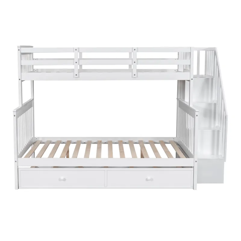 Twin Over Full Bunk Bed With Twin Size Trundle, Storage And Guard Rail For Bedroom, Dorm, For Adults