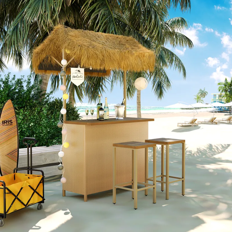 Hawaiian-Style Bar Height Patio Set With PE Grass Canopy, Outdoor Bar Table And Stools With Adjustab