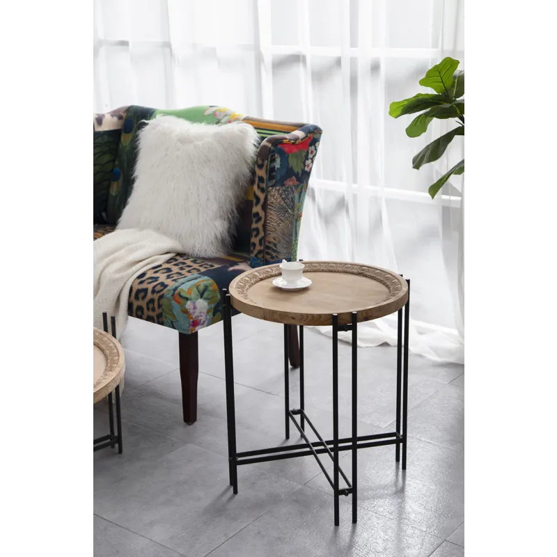 Round Side Table With Wood Top, End Table For Living Room Bedroom - Black Brown