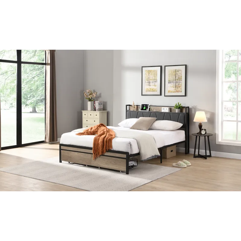 Queen Size Metal Platform Bed Frame With Upholsteryolstery Storage Function Headboard And USB Liner 