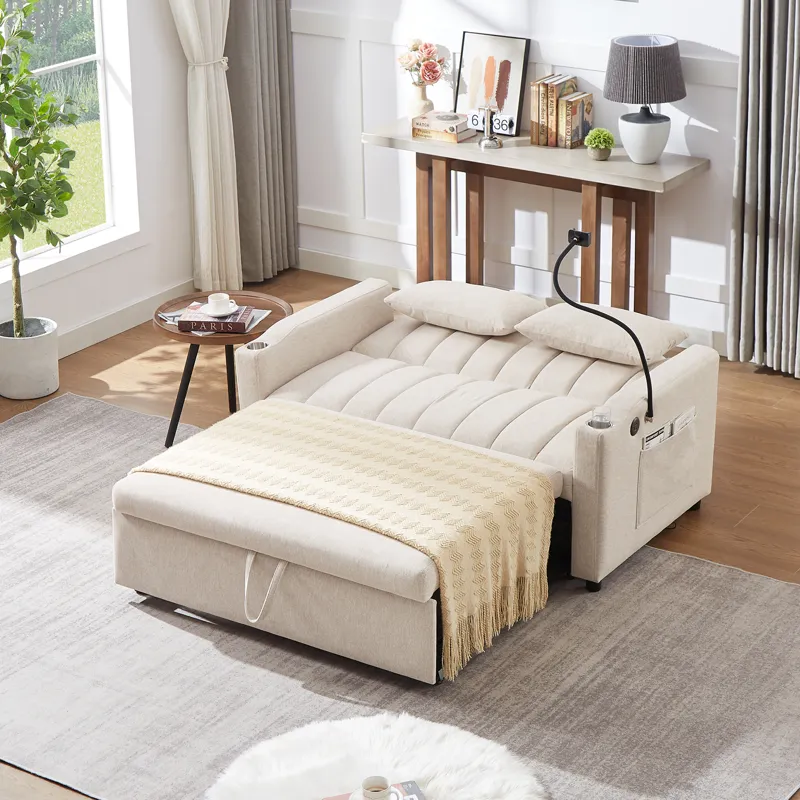 Convertible Sofa Bed Loveseat Sofa With Three USB Ports, Two Side Pockets, Two Cup Holders And 360° 