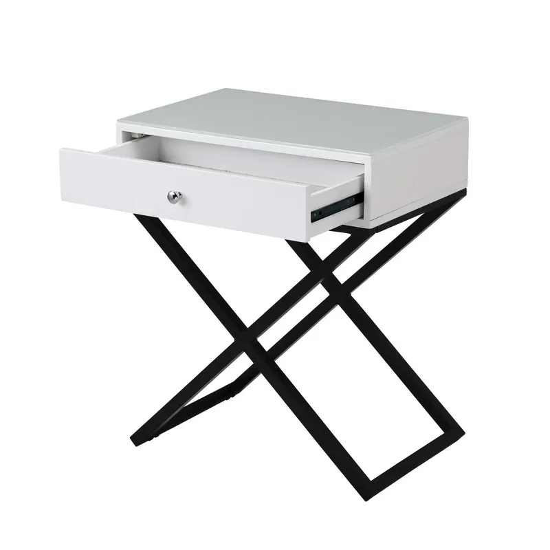 Koda - Wooden End Side Table Nightstand With Glass Top, Drawer And Metal Cross Base - White