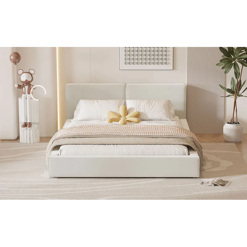 Queen Size Upholstered Platform Bed With , Grounded Bed With Solid Frame - Beige